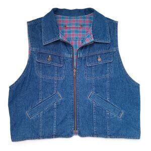 Vintage Lizwear Sleeveless Jean Vest Denim Reversible Plaid Short Size M